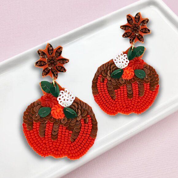 Sunflower Floral Autumn Fall Pumpkin Patch Theme Bead & Crystal Earrings - Picture 2 of 2